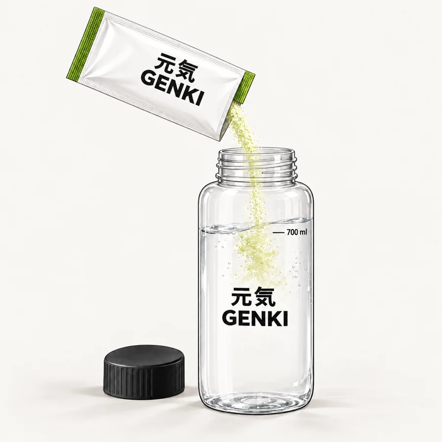 Polvo Genki cayendo del sobre a una botella con 700 ml de agua