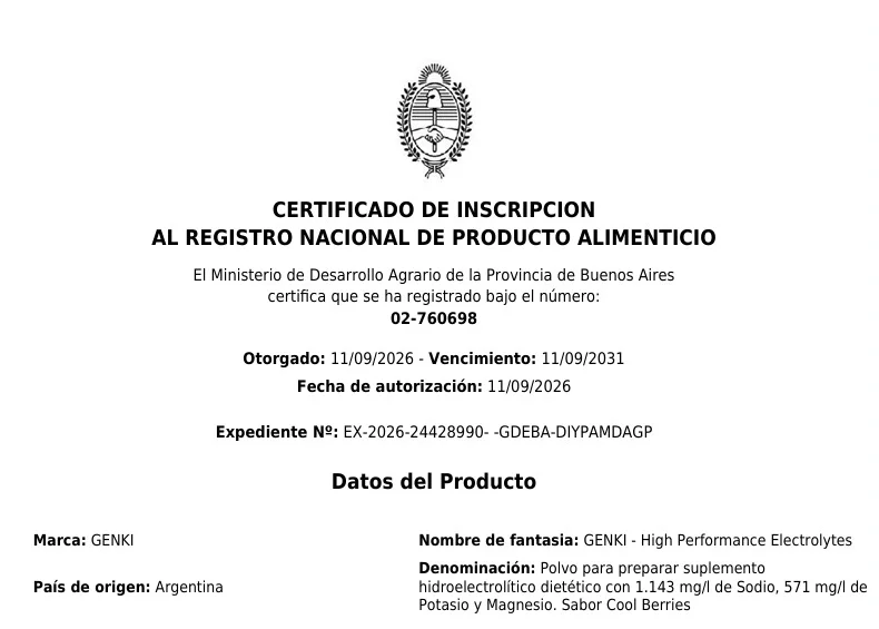 Certificado de inscripción RNPA 02-760698, GENKI sabor Cool Berries