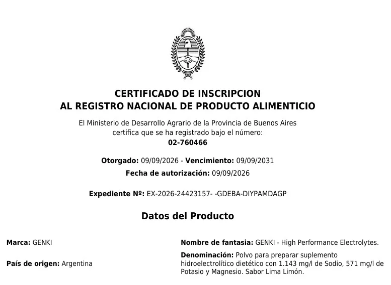 Certificado de inscripción RNPA 02-760466, GENKI sabor Lima Limón
