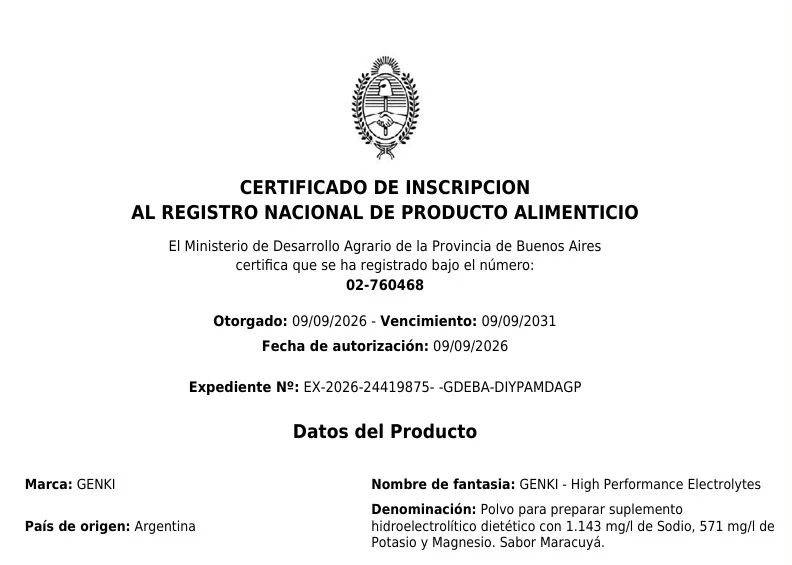 Certificado de inscripción RNPA 02-760468, GENKI sabor Maracuyá