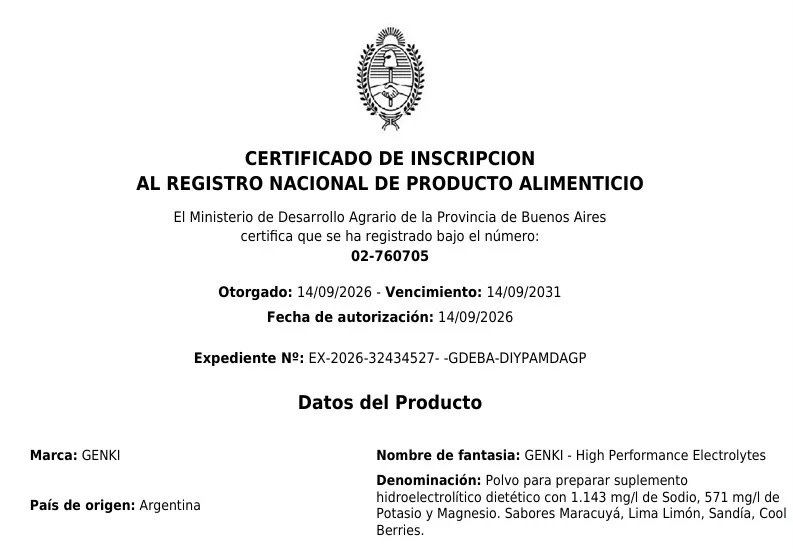 Certificado de inscripción RNPA 02-760705, GENKI Mix de sabores