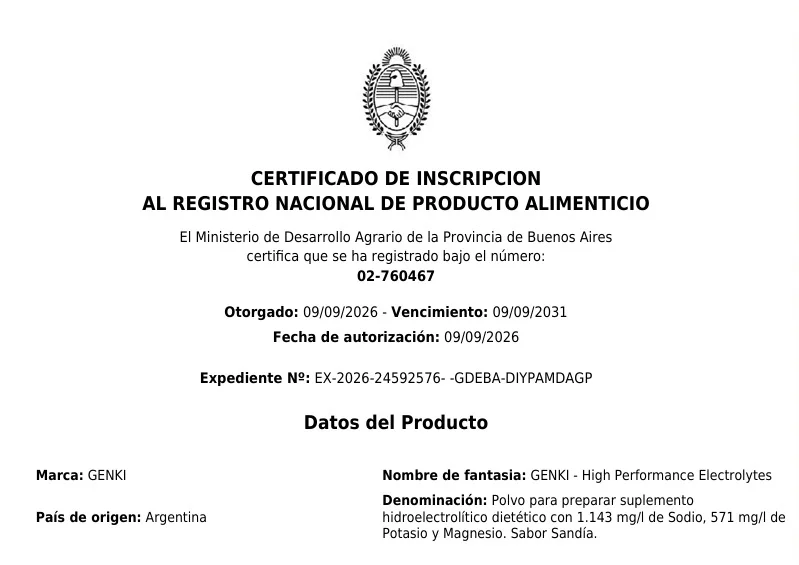 Certificado de inscripción RNPA 02-760467, GENKI sabor Sandía